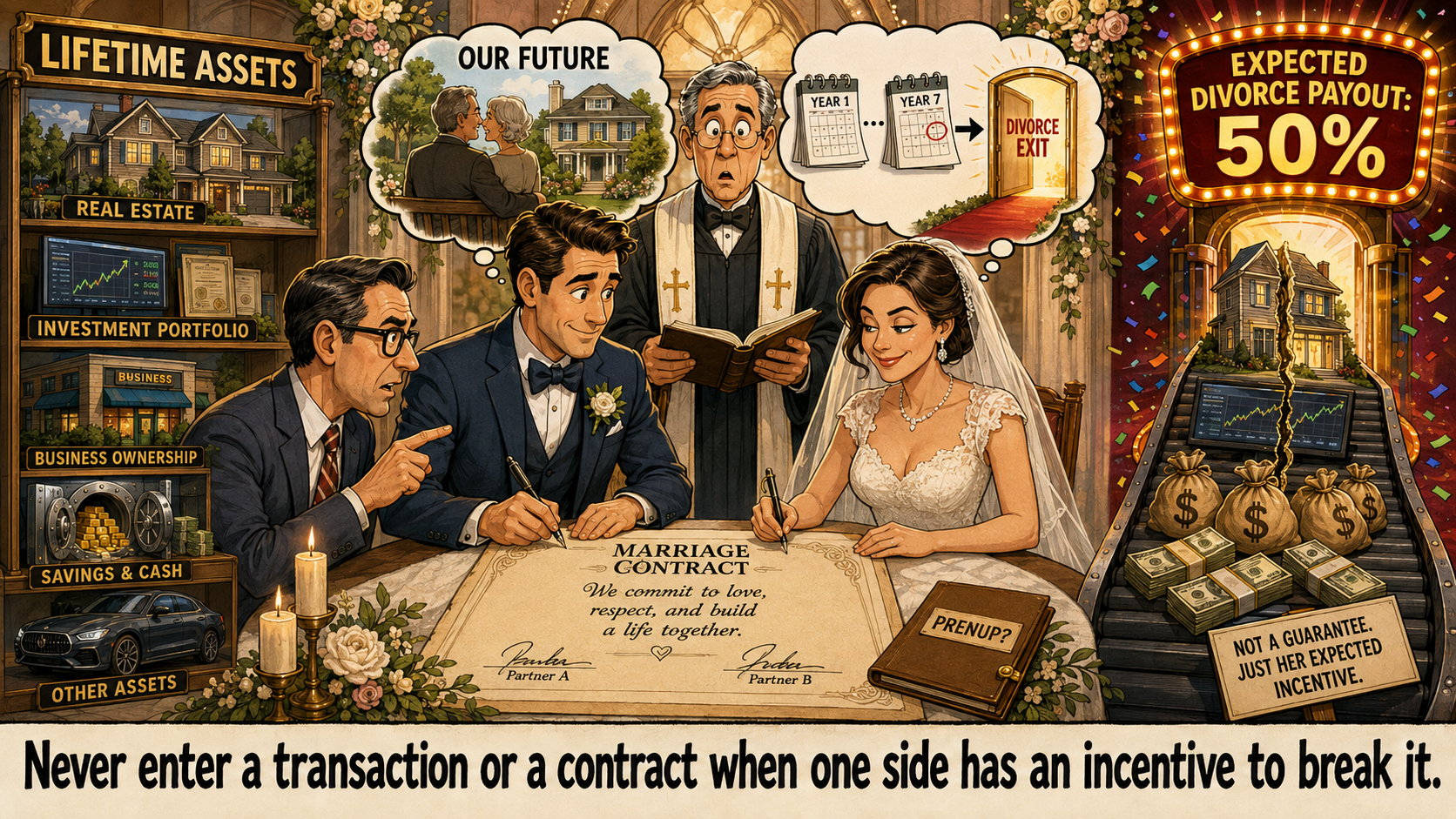 A wedding scene contrasts commitment with a financially rewarding exit.