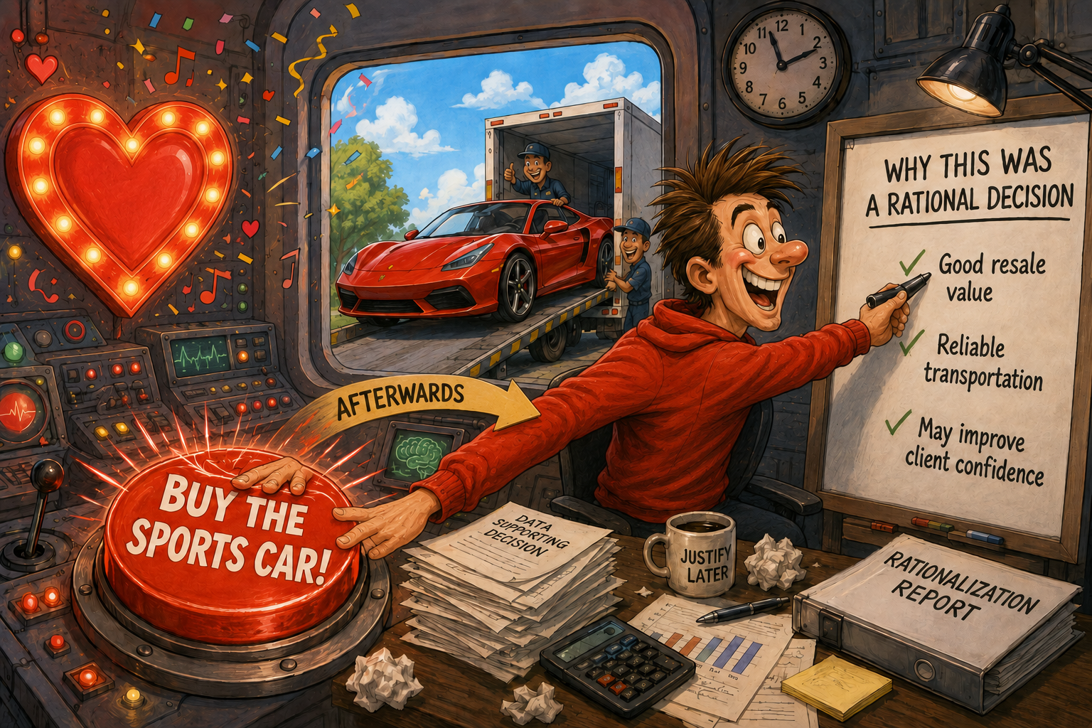 A buyer chooses a sports car emotionally, then adds logical reasons afterward.