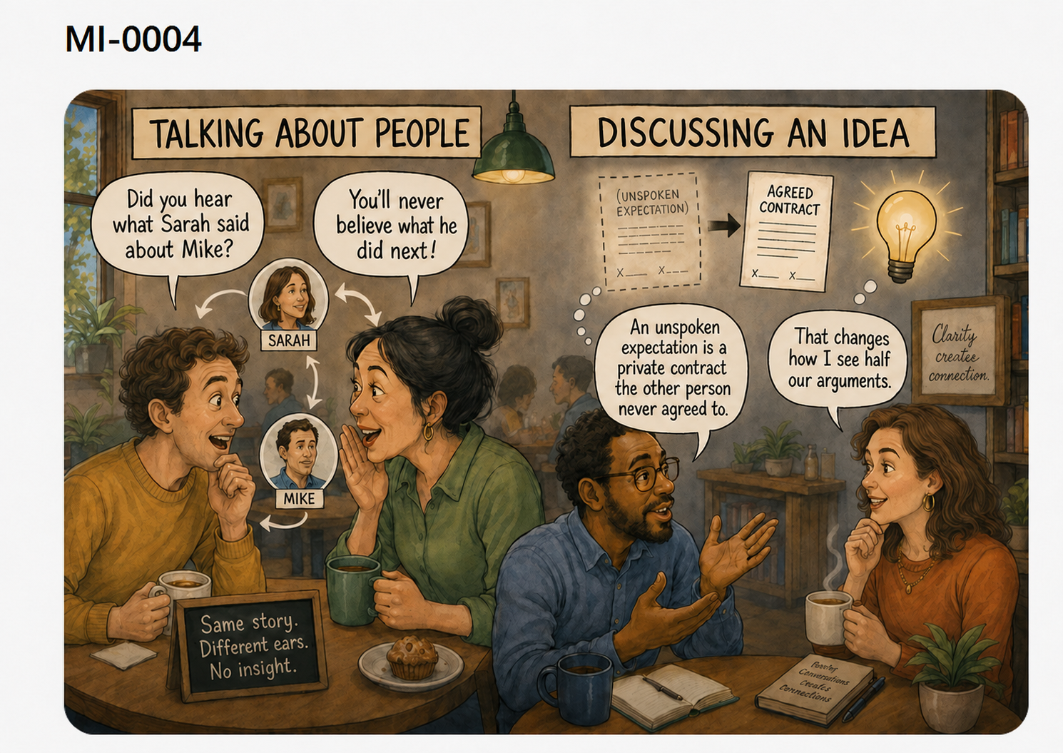 Two café conversations contrast gossip about people with a discussion of a useful idea.