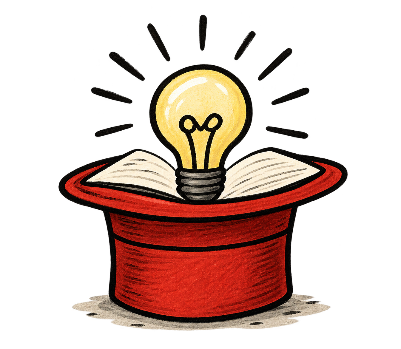 A glowing light bulb emerging from a red magician's hat.