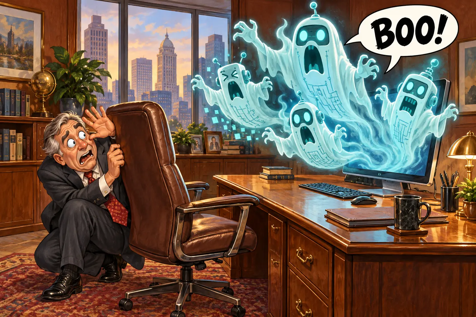 A terrified company executive cowers behind an office chair while four translucent robot ghosts with circuit-patterned bodies burst from an otherwise ordinary desktop computer; one ghost shouts Boo in a speech bubble.