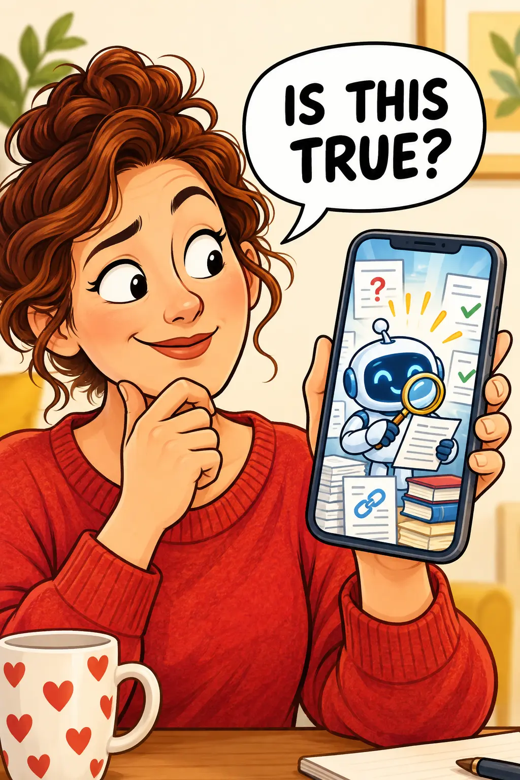 A curious woman holds up her phone and asks Is this true while a friendly robot on the screen examines documents with a magnifying glass.