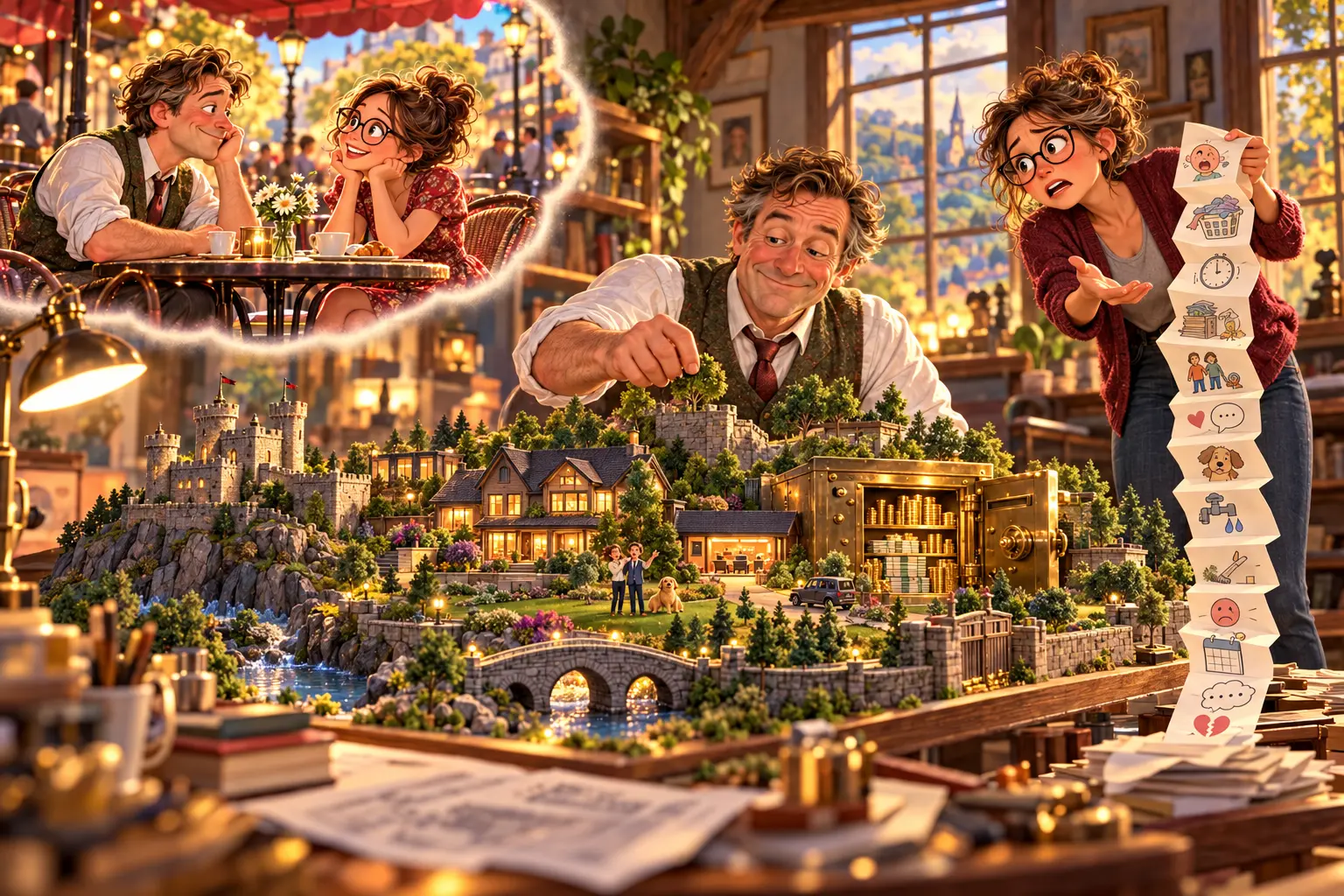 A couple begins with attentive courtship at a cafe; later the man proudly builds a detailed shared future while the woman holds a long accordion list of family and relationship concerns.