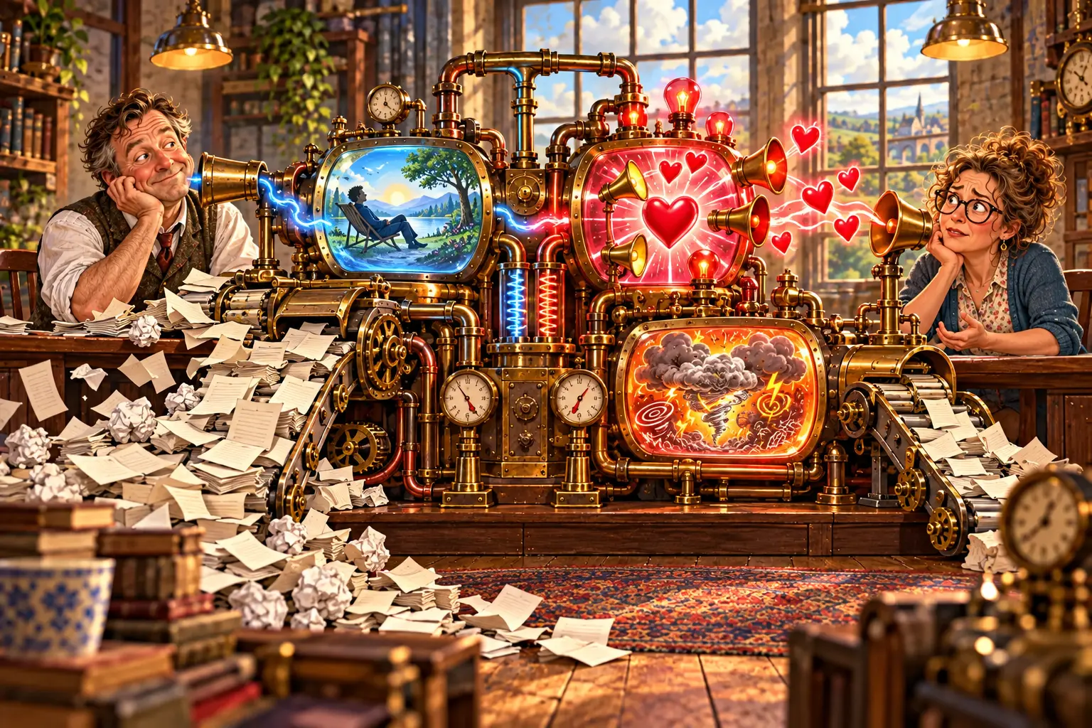 A baffled couple sits on opposite sides of a brass translation machine that turns his peaceful retreat into a romantic alarm and her emotional outpouring into piles of complaint papers.
