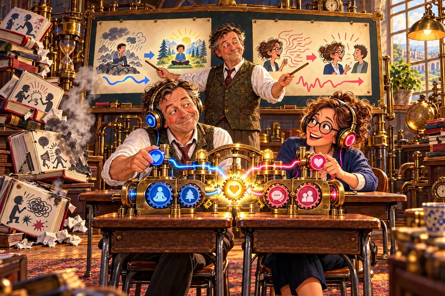 A cheerful couple attends a comic translation school where a professor shows that solitude can lead to calm focus while conversation can lead to social reassurance, and their two signal systems connect through brass gears.