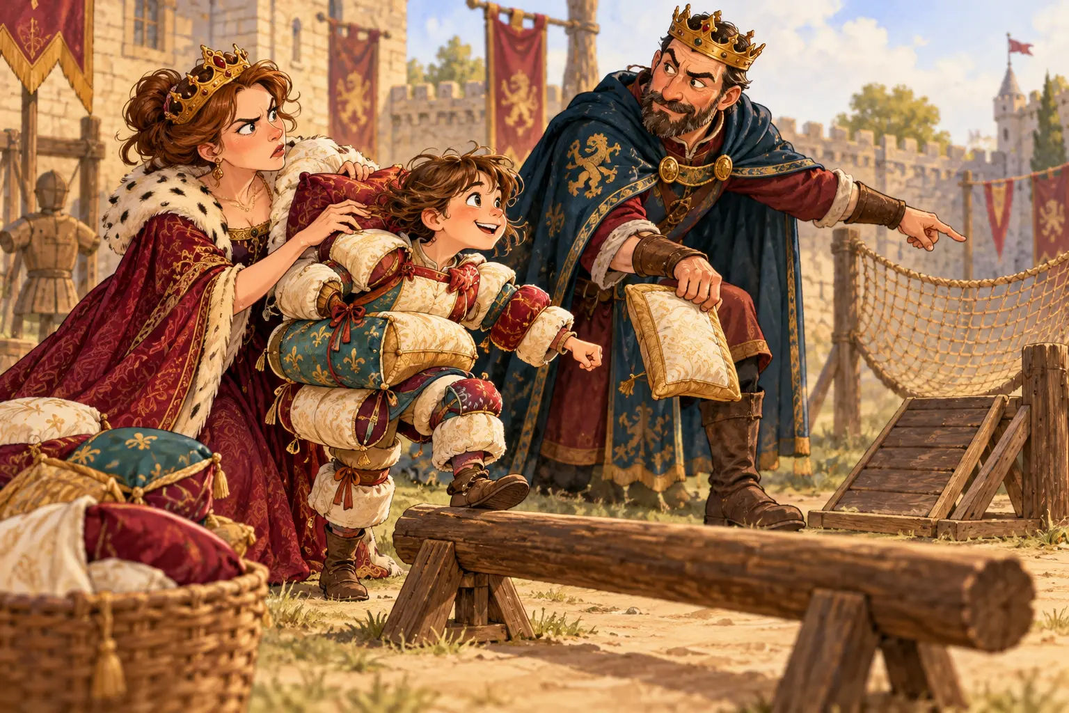 A queen mother wraps a child in cushions before a practice obstacle while a king father removes some padding but keeps a safety net ready.