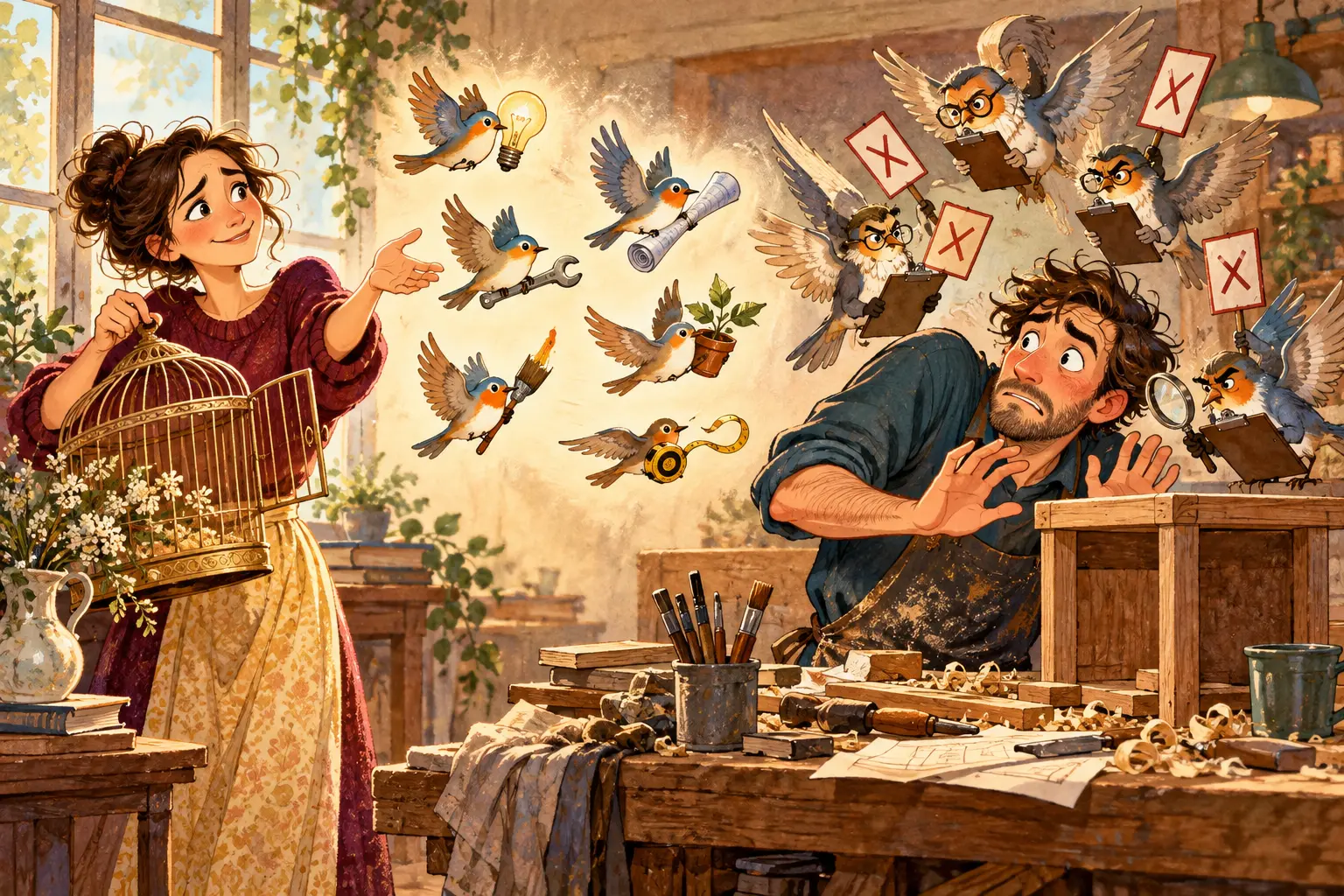 A woman releases helpful birds carrying tiny tools toward a man, but he imagines them becoming severe judges with scorecards.